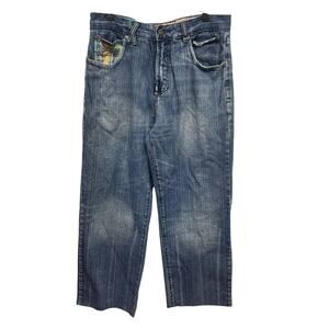 LRG Geans Womens Large 34 US 14 Make Jeans Not War Cutoff Denim Blue Jeans